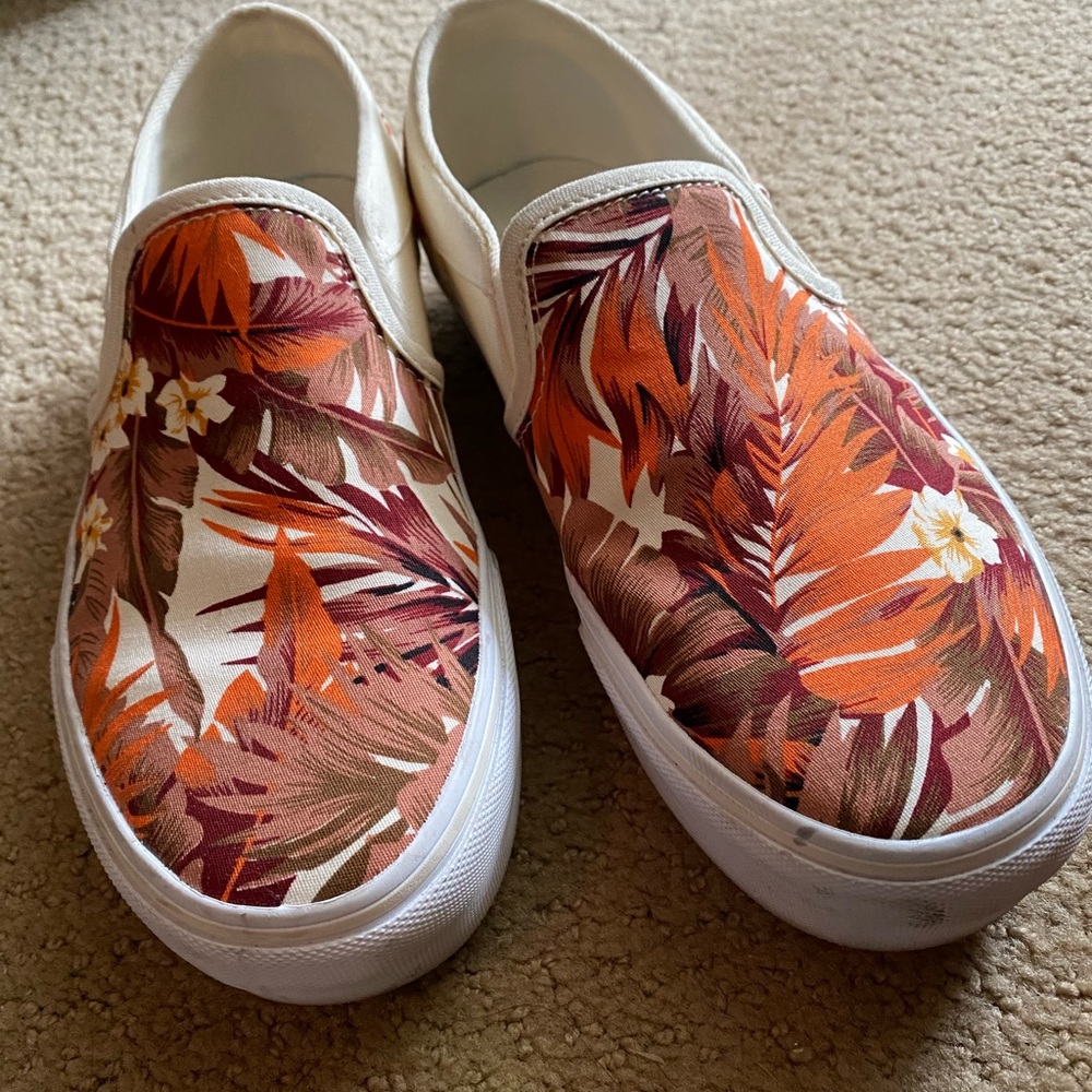 Vans, tropical orange and brown, lightly worn, size 8.5